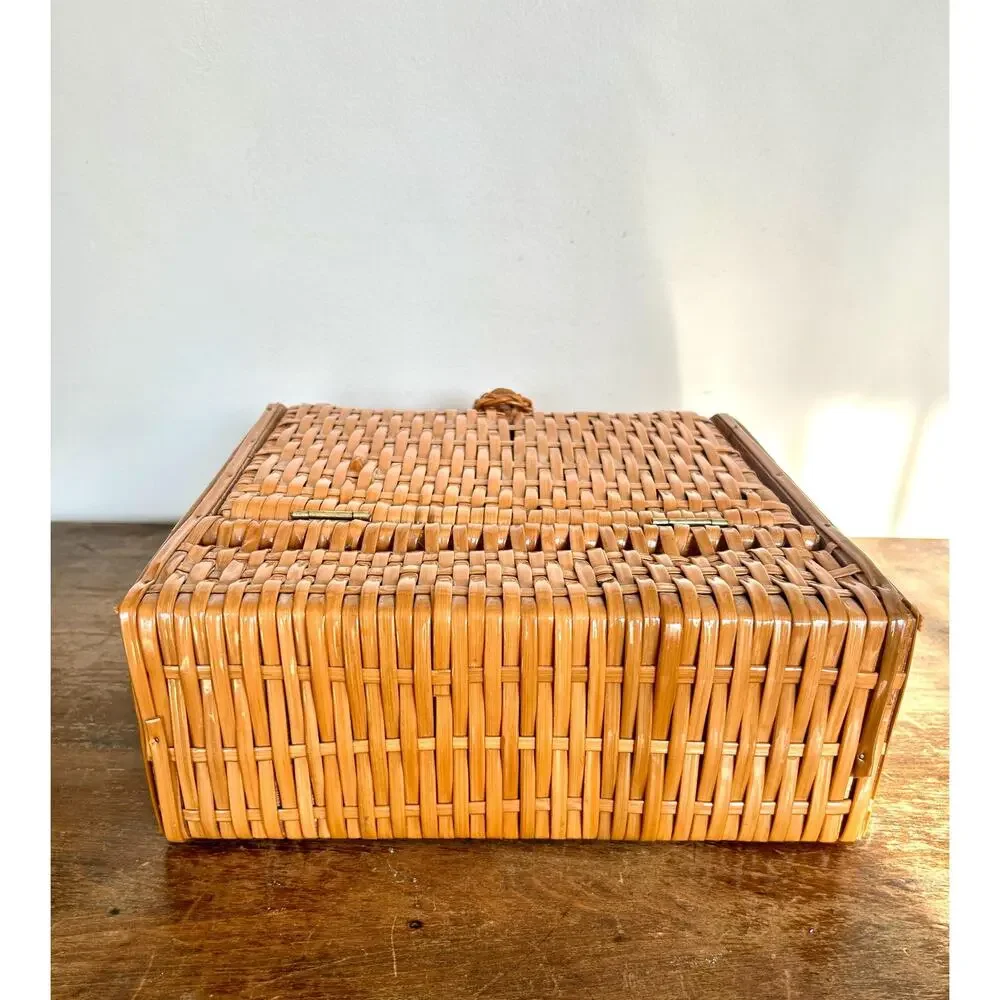 Vintage Wicker Wine Bottle Carrier Picnic Basket, Mid Century Barware Decor